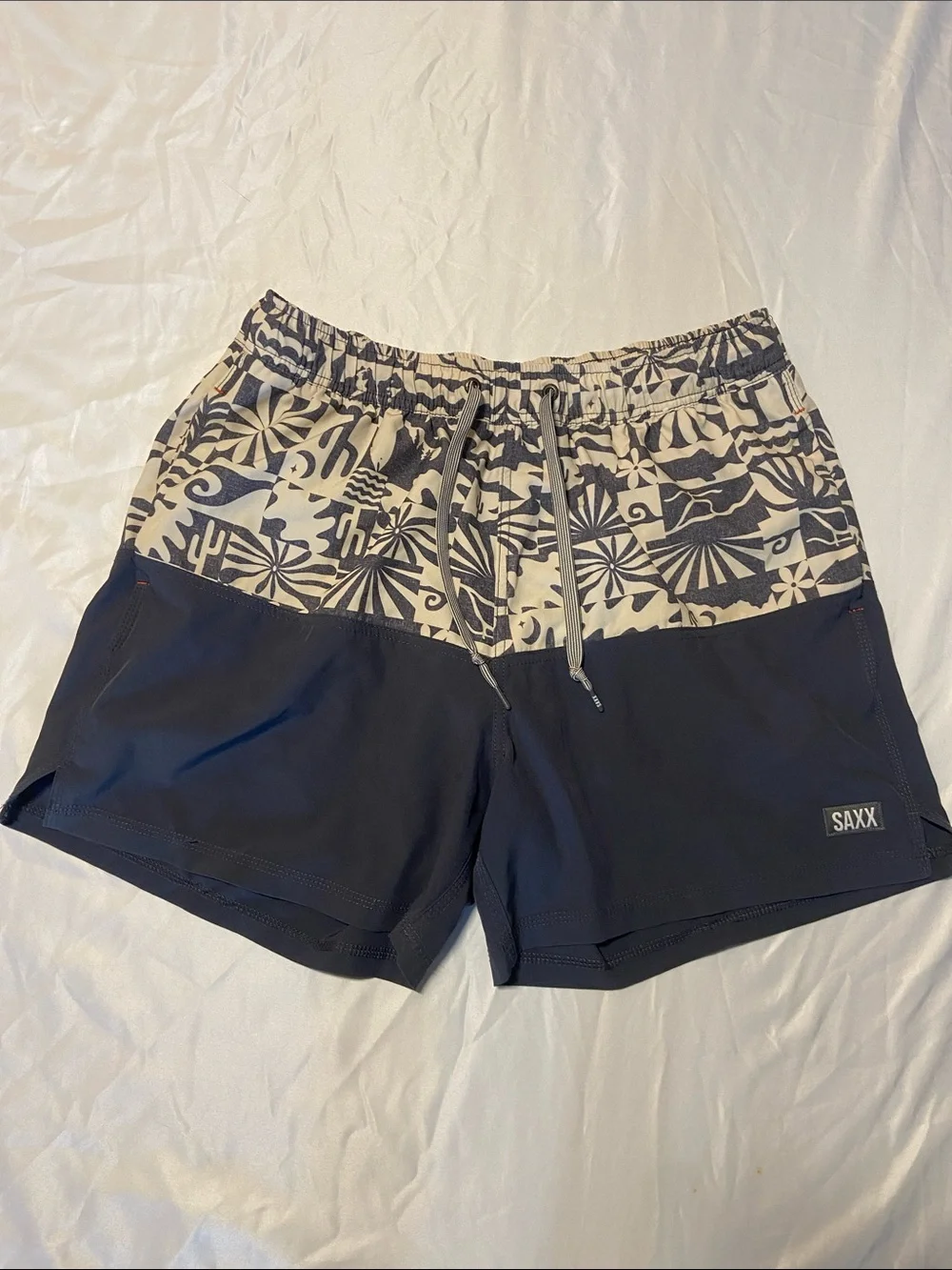 Saxx Men's Navy Swim Trunks with Cream Patterned Waistband
